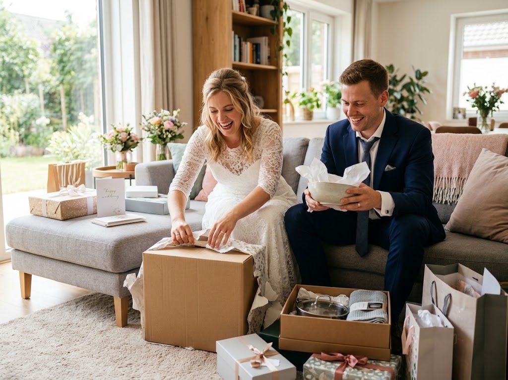 Newly-weds opening gifts after their wedding