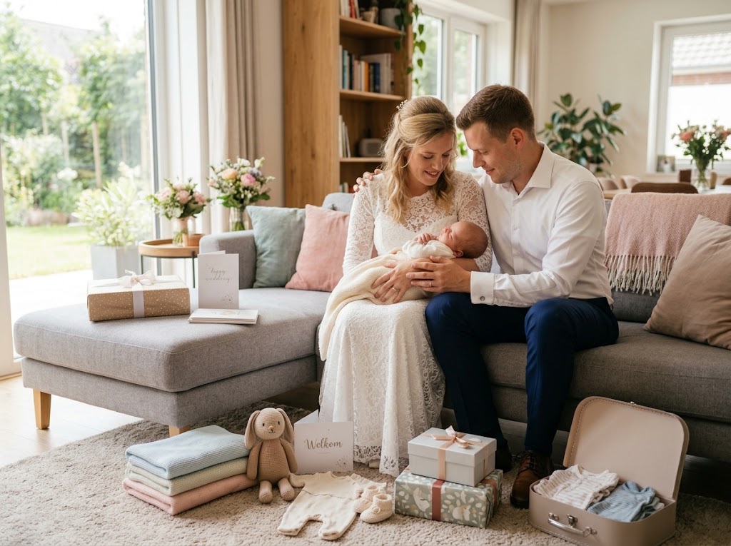 Parents with their newborn baby and a pile of baby gifts