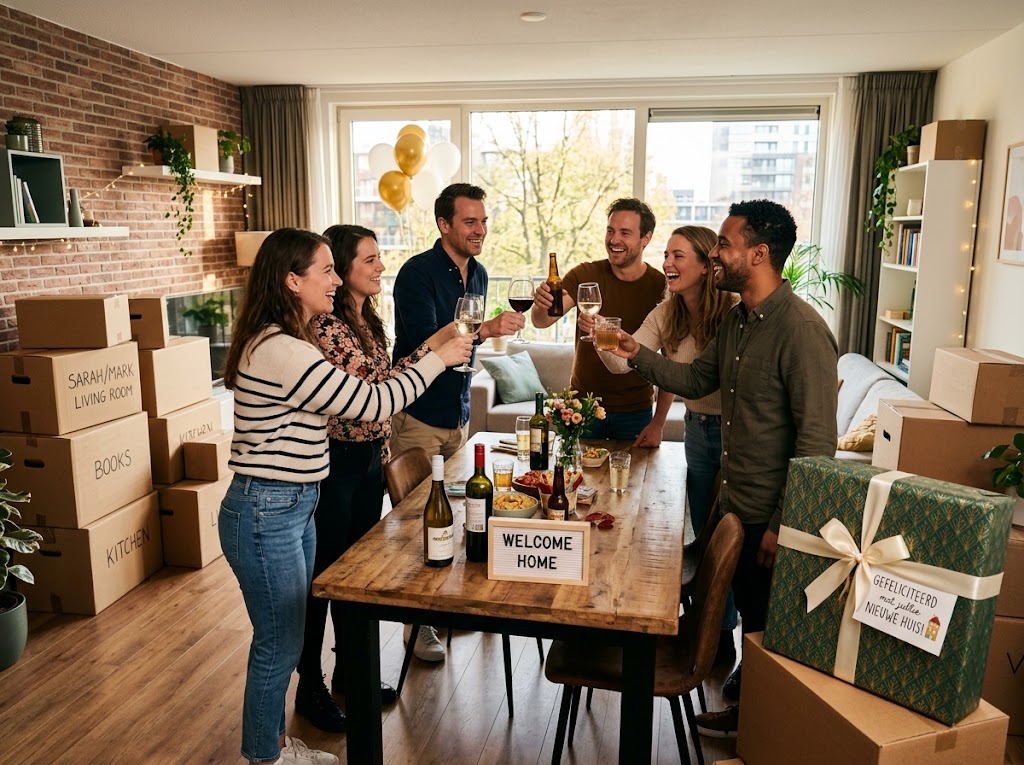 Friends raising a glass at a housewarming in a new home