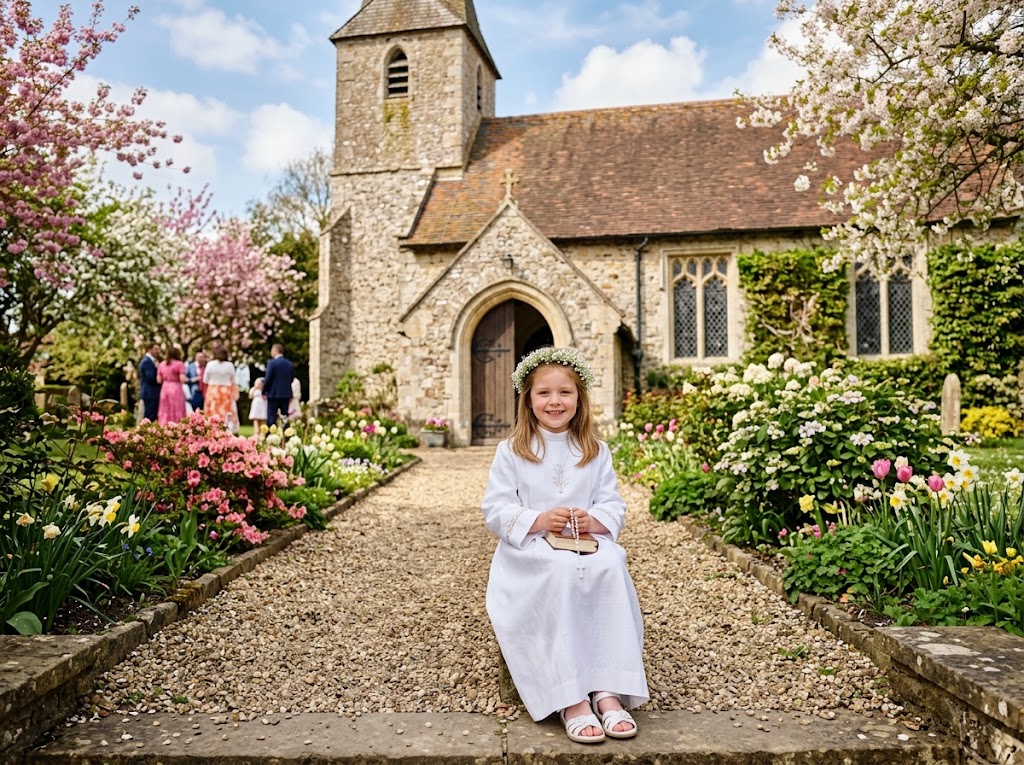 Child in communion clothes in front of a church in spring