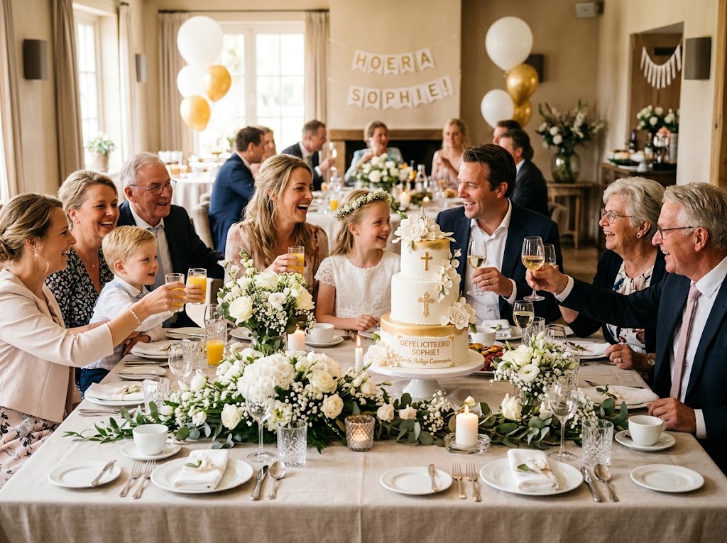 Family celebrating a communion at a festive table