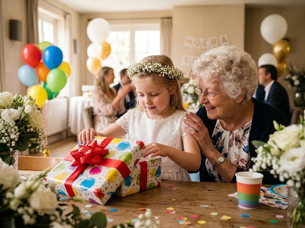 Communion child opening a gift