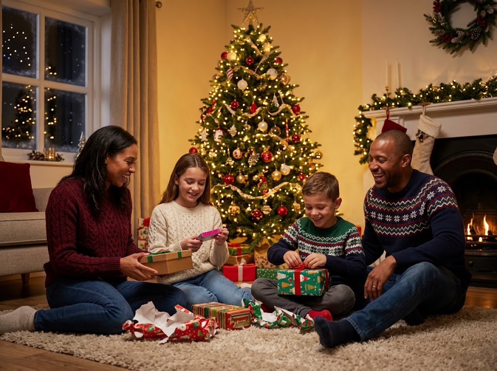 Family unwrapping gifts by the Christmas tree