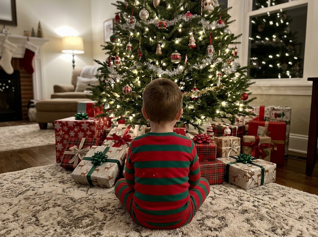 Child looking at the gifts under the Christmas tree