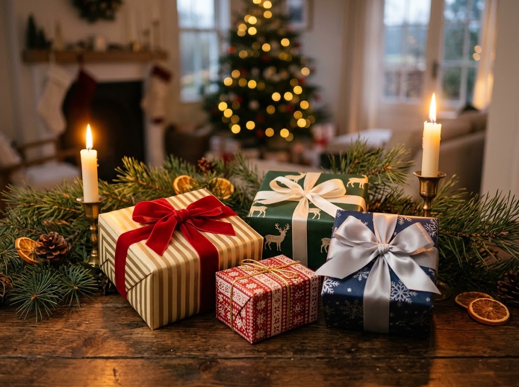 Gifts in Christmas wrapping paper on a table by candlelight
