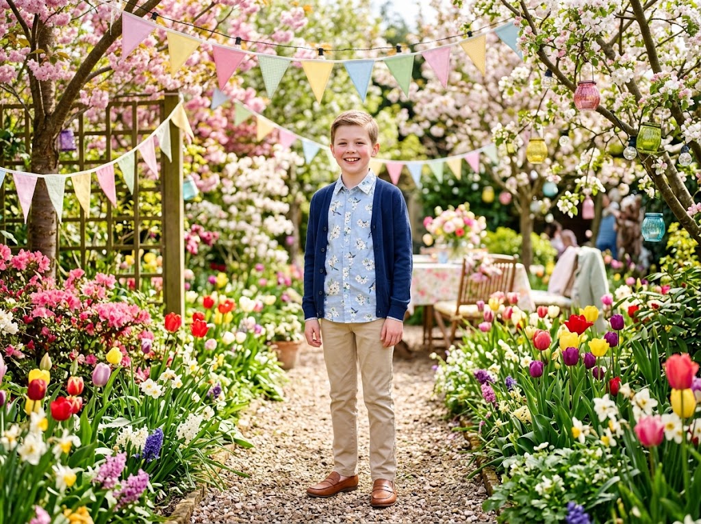 Child in party clothes at a Spring Celebration in the garden