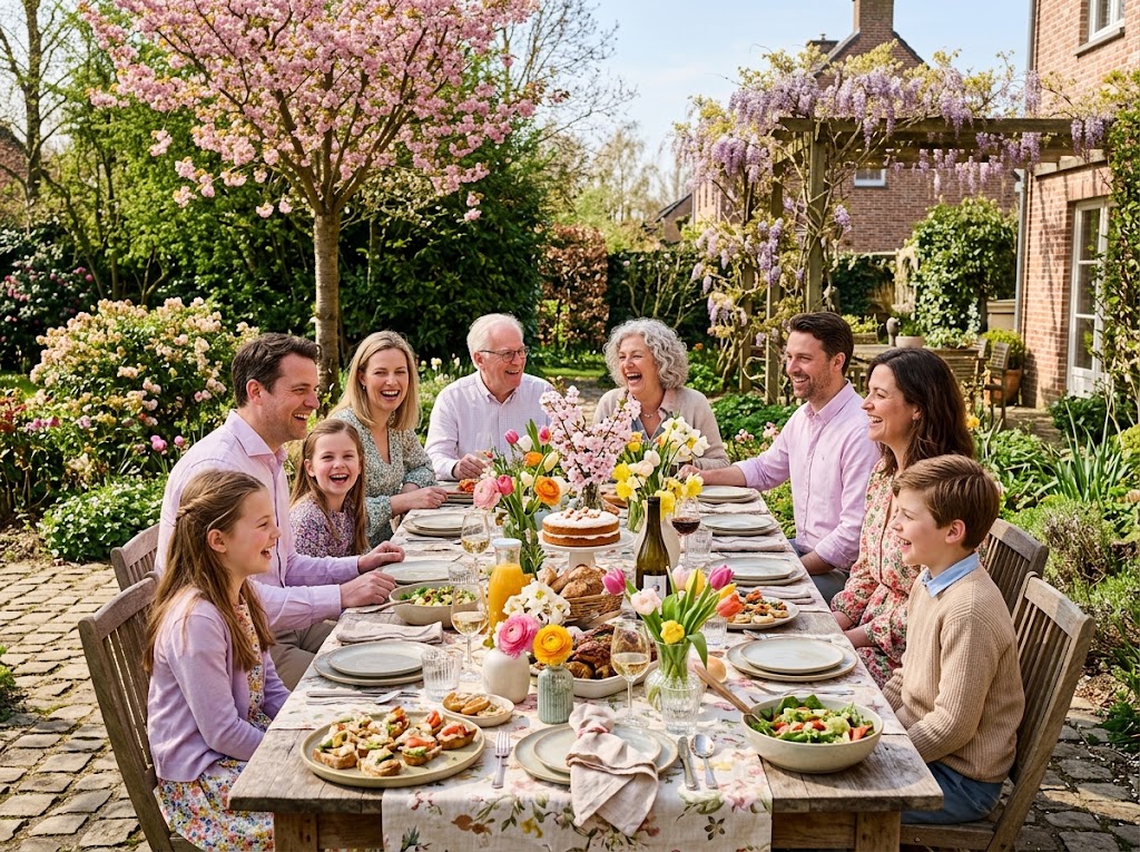 Family at a festively laid table in spring