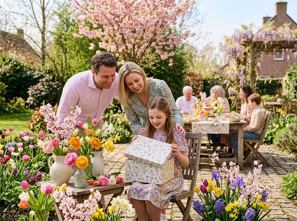 Child unwrapping a gift among spring flowers