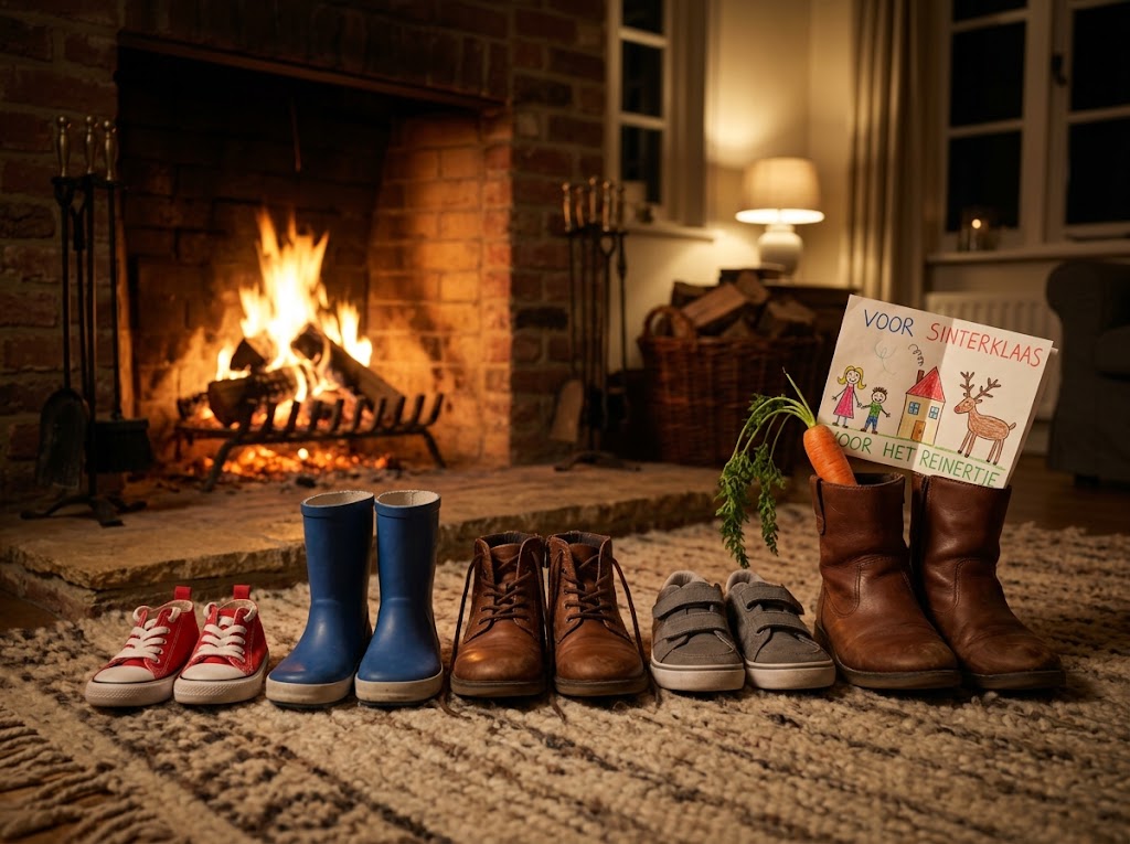 Children putting out their shoes by the fireplace for Saint Nicholas