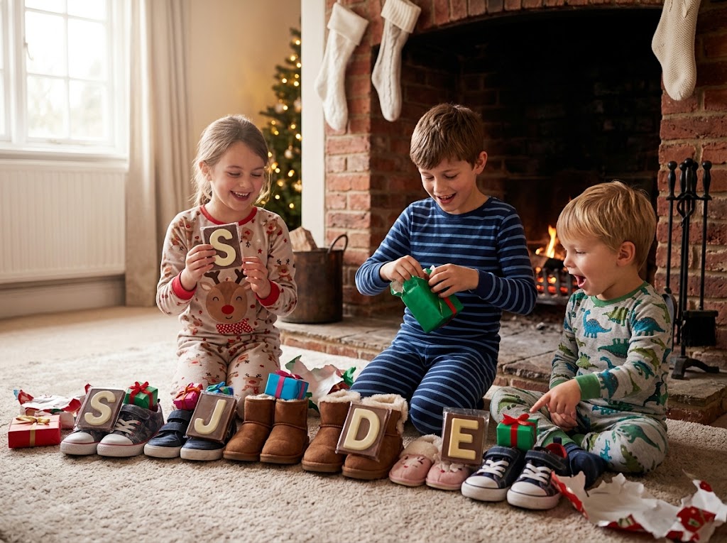 Children finding gifts and sweets by their shoes in the morning