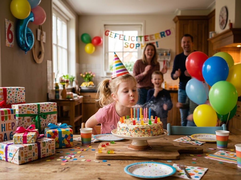 Child blowing out the candles on a birthday cake