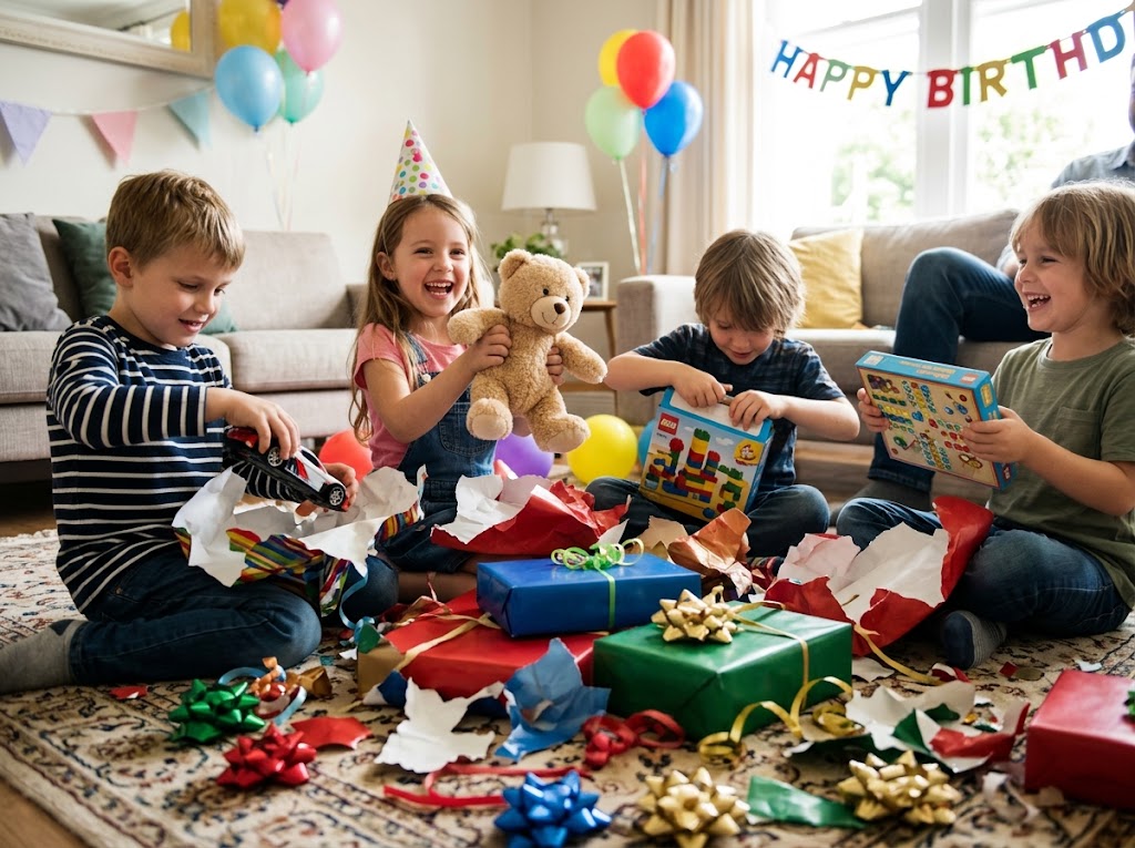 Children unwrapping gifts at a birthday party