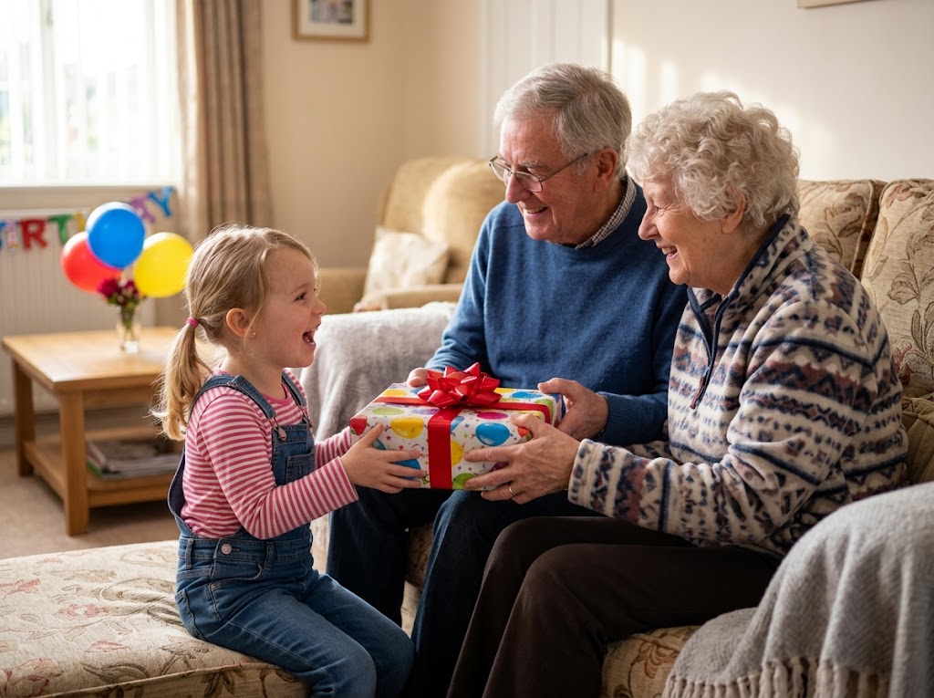 Grandparents giving their grandchild a birthday present