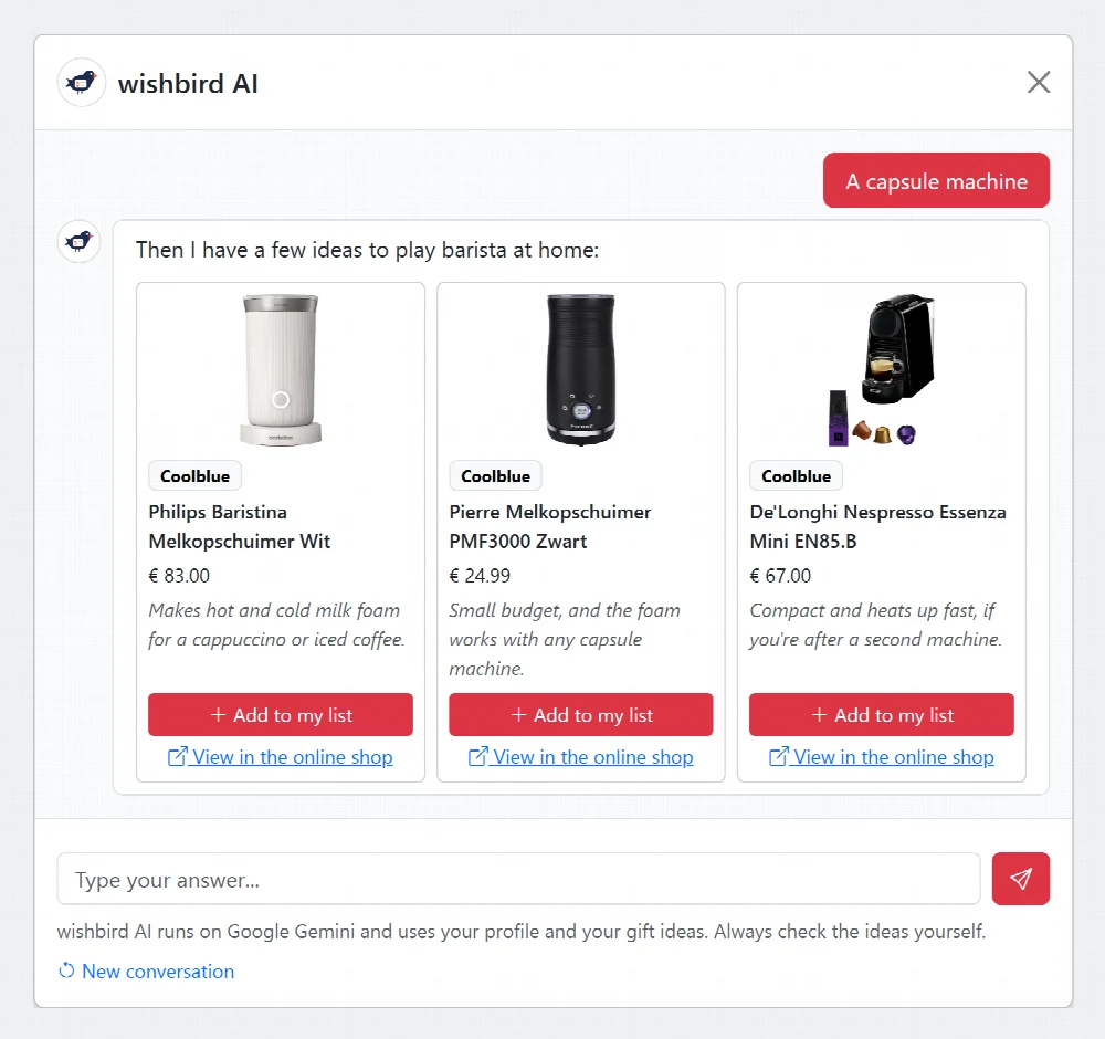 wishbird AI suggests gift ideas with a short explanation