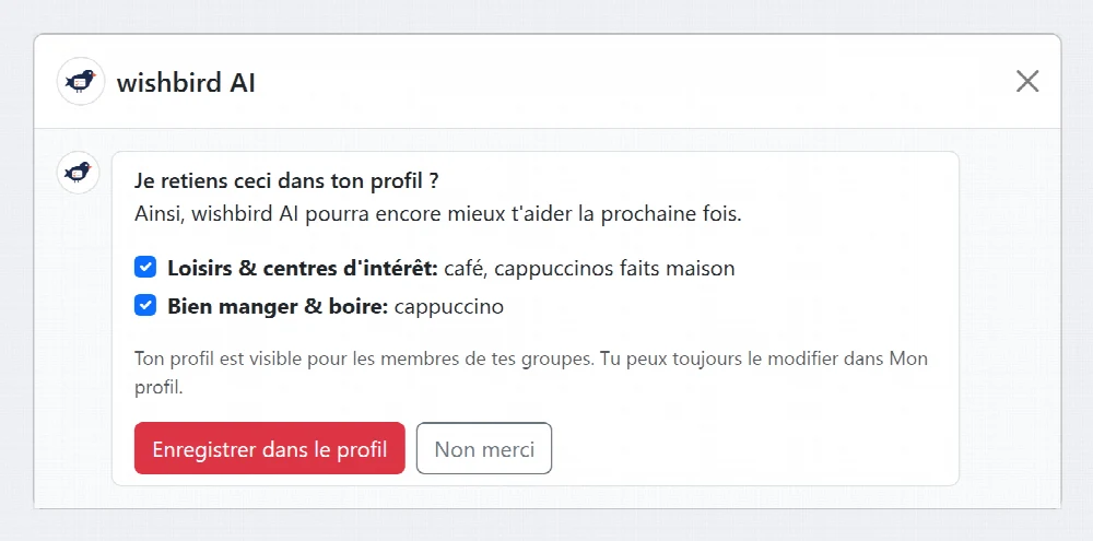 wishbird AI demande s'il peut enregistrer vos réponses dans votre profil