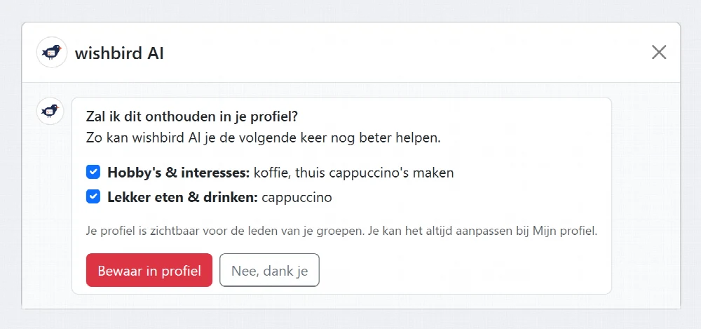 wishbird AI vraagt of het je antwoorden mag bewaren in je profiel