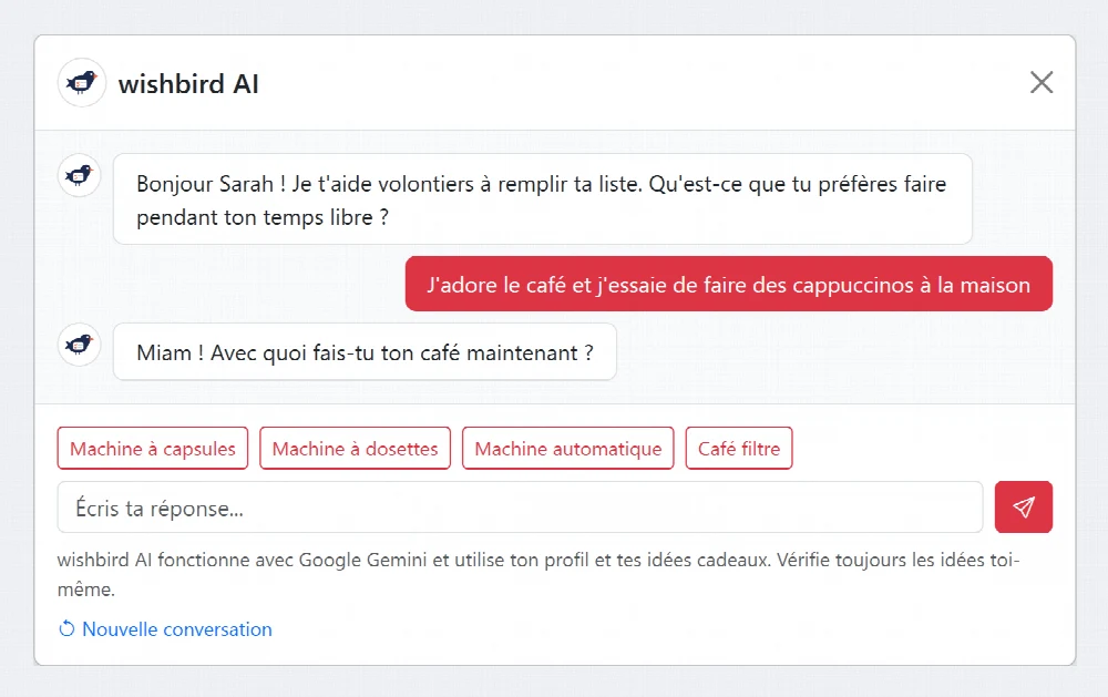 wishbird AI pose une question dans le chat, avec des boutons de réponse
